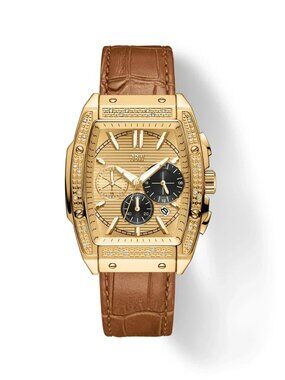 JBW Echelon Chronograph Gold Tone Men’s Watch Brown Leather Strap - New open box
